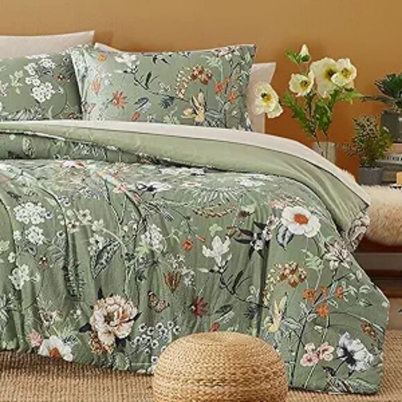 King Size Comforter Set, 7 PCS Green Floral Comforter Set - Picture 7 of 7